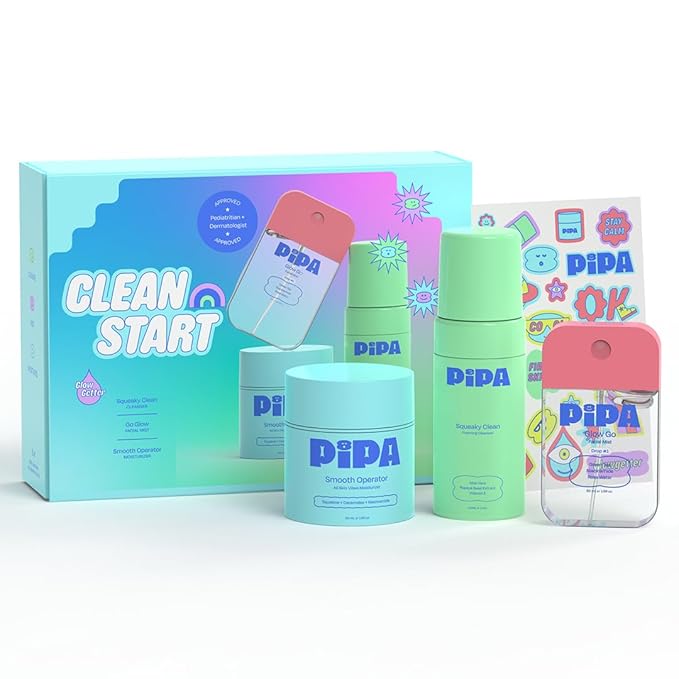Pipa Skincare Clean Start Bundle for Kids & Tweens – Glow Go Mist, Smooth Operator Moisturizer, and Squeaky Clean Cleanser for Gentle, Hydrating, and Effective Daily Skincare - Kids Skin Care Gift Set