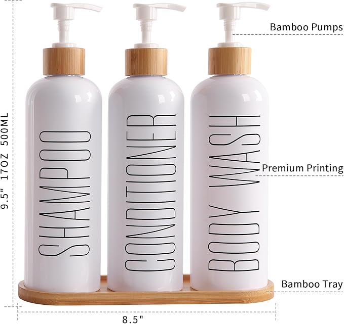 Shampoo and Conditioner Dispenser, Contains Shampoo Conditioner Body Wash Dispenser. Shower Soap Dispenser with Bamboo Pumps & Tray, Perfect for Modern Bathroom Decor. (White)
