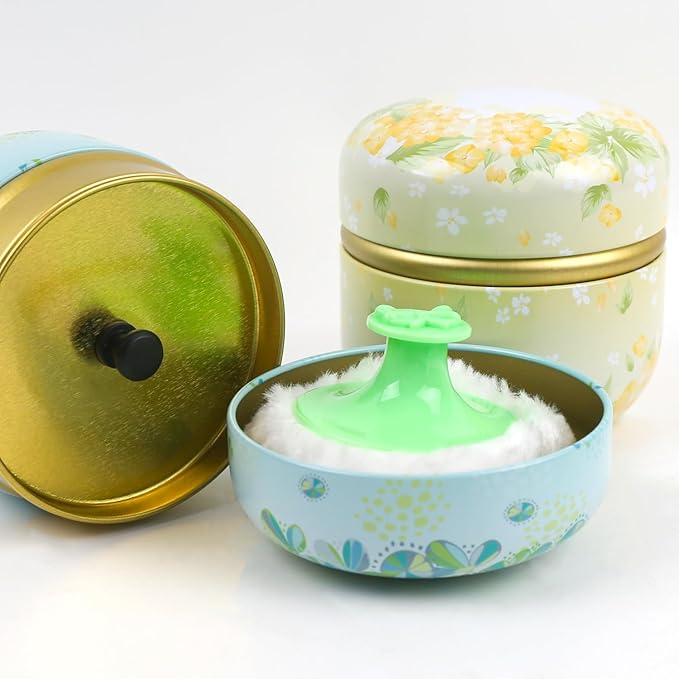 2 Pcs Body Powder Puff and Container Large with Powder Puffs Empty Bath Dusting Box for Women Light Yellow & Light Blue