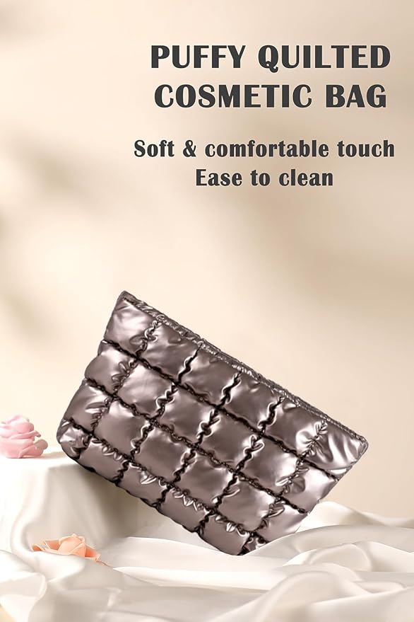 Puffy Quilted Makeup Bag, Cosmetic Bag, Travel Toiletry Organizer Pouch, Clutch for Women (Gold)