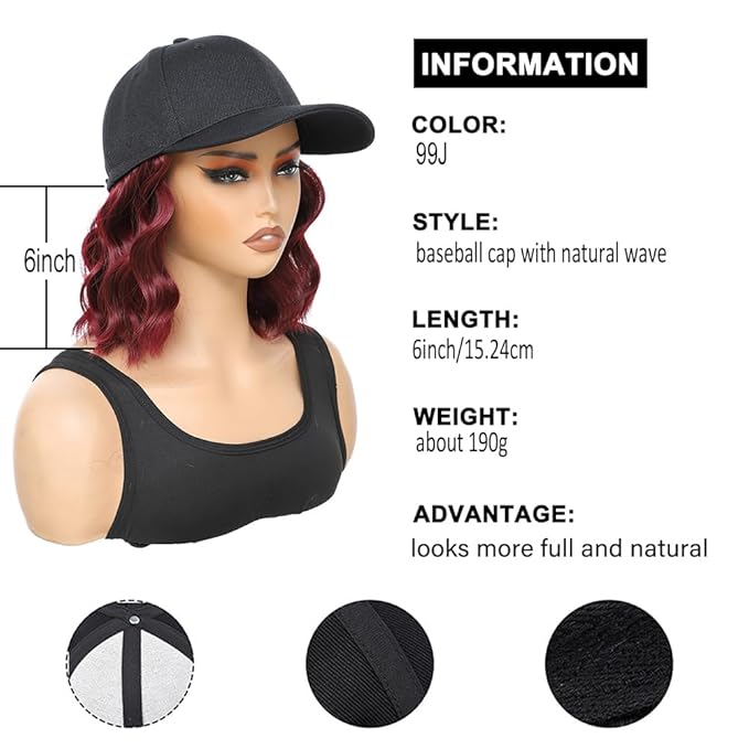 GUOJIAN Hat Wigs for Women 6' Short Wave Baseball Cap Wigs with Curly Hair Extensions Synthetic Wave Wig Adjustable Hat with Hair Attached for Daily Use (99J, 6inch)