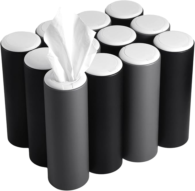Mifoci 12 Pack Car Tissue Holder with Facial Tissues, Cylinder Car Tissues Box for Vehicle Cup Holders Refill Round Container (Black, Gray)