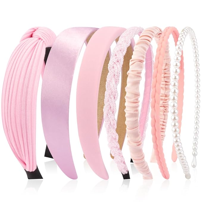 AHONEY 7 Pack Pink Headbands for Girls Women Headbands Trendy Non Slip Hairbands Cute Hair Accessories Multi-style Headband Pack Diademas Para Mujer (Pink)