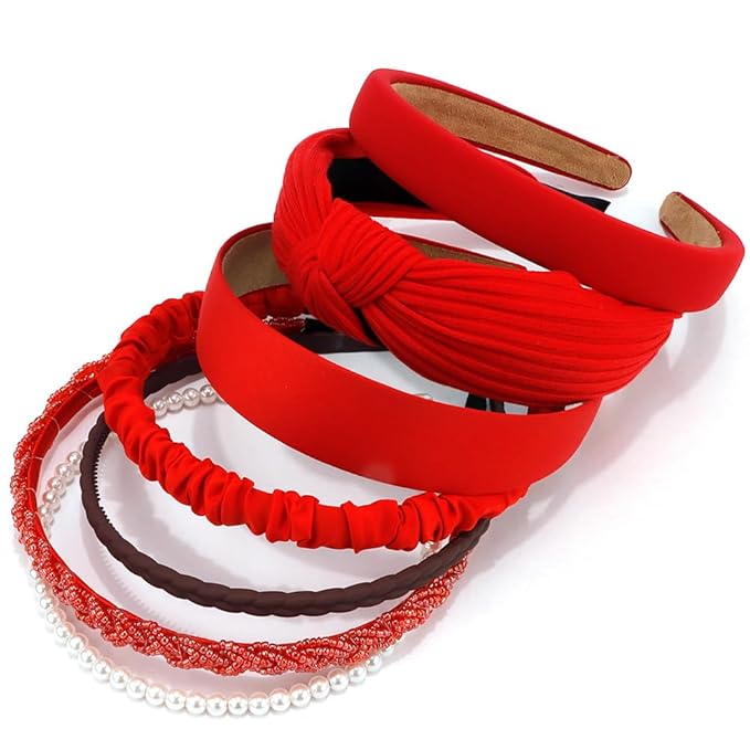 AHONEY 7 Pack Red Headbands for Women Christmas Headbands Trendy Non Slip Hairbands Cute Hair Accessories Multi-style Headband Pack (Red)