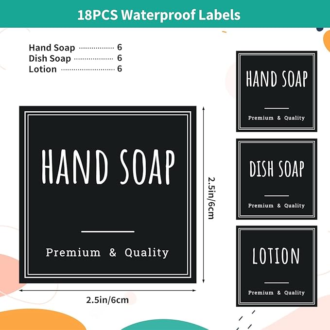 Segbeauty Kitchen Organization Labels, 18pcs Black Removable Waterproof Labels for Containers, Reusable Hand Soap Dispenser Sticker for Farmhouse Modern Home Cleaning Plastic Glass Bottles