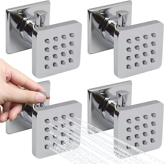 Brass Shower Body Jets with Adjustable Flow, Massage Spa Polished Chrome Square Body Spray Shower Side Wall Sprayer Head Jets, 4 pcs, Water Saving