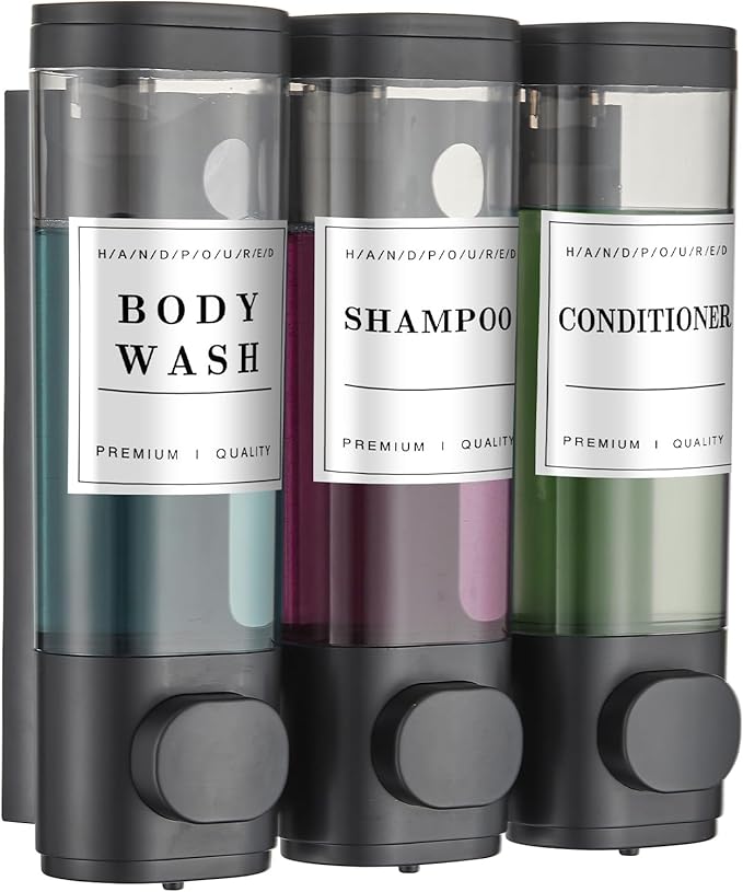 Shampoo and Conditioner Dispenser Shower Dispenser Body Wash Wall Mounted Shampoo Dispenser for Shower Wall No Drill for Bathroom Hotel 3 Chamber x 300ml Black with Waterproof Labels