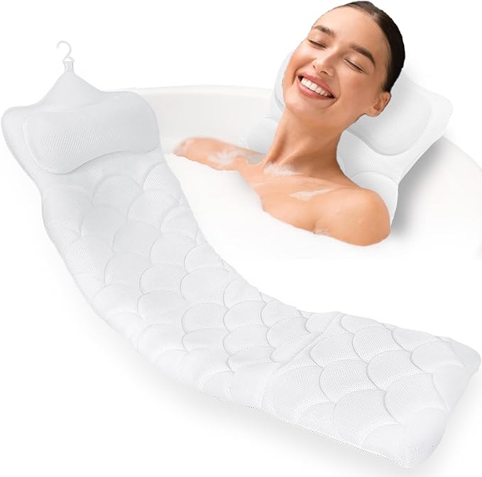 REEZEIVI Full Body Bath Pillow,Thick Bathtub Cushion with Laundry Bag,Bath Pillow with 13 Non-Slip Suction Cups,Soft 3D Mesh Fabric,Bathtub Cushion for Headrest Neck and Back Support (White)
