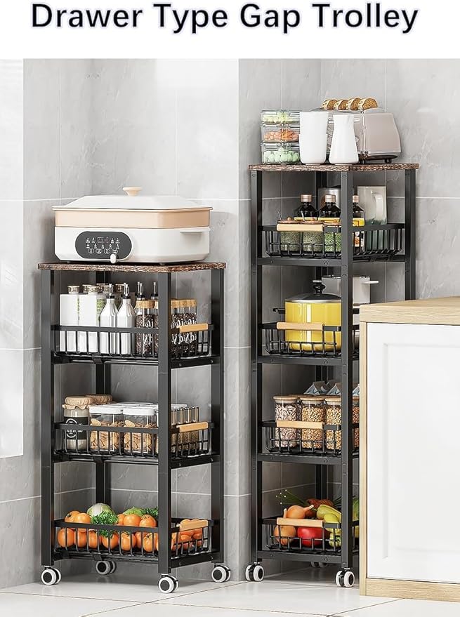 Metal Wire Baskets with Wheels, Stackable Storage Bins Kitchen Organizer Shelf, Multi Layer Fruit Vegetable Cart Dishes Seasonal Rack Freestanding with Pull Out Slide Drawer