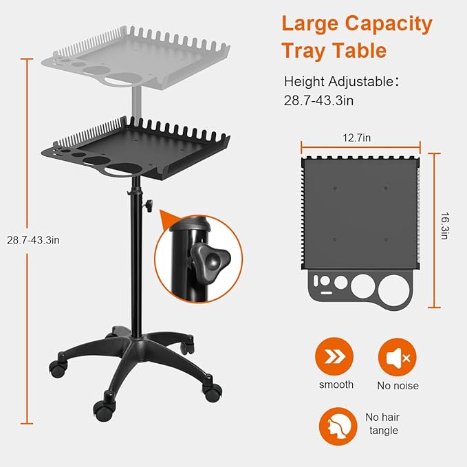 Salon Rolling Tray with 2 Magnetic Bowls, Professional Tool Tray Cart, Hair Extension Tray for Hairdressers, Color Tray Trolley for Hair Salon Home Use