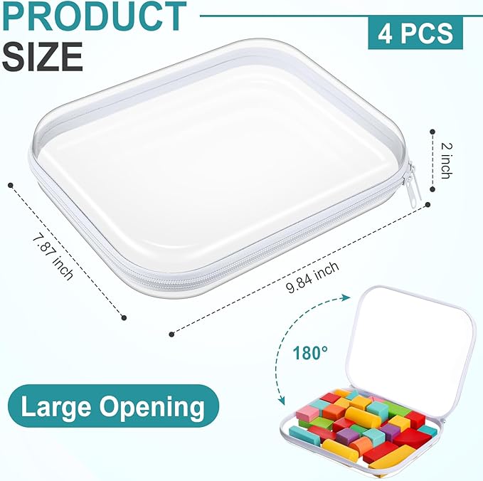 Hoolerry 4 Pcs Hard Clear Zipper Case Makeup Bags Plastic Zipper Pouch Transparent Storage Box Containers for Cosmetics, Snacks, Building Blocks, Puzzles(Clear,9.8 x 7.9 x 2 in,White)