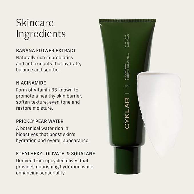 CYKLAR Nutrient Rich Body Cream – Non-Greasy Lotion for 48-Hr Moisture – Squalane, Niacinamide & Banana Flower for Hydration & Skin Barrier Support – Dry Skin Moisturizer 8oz – Bergamot Bond