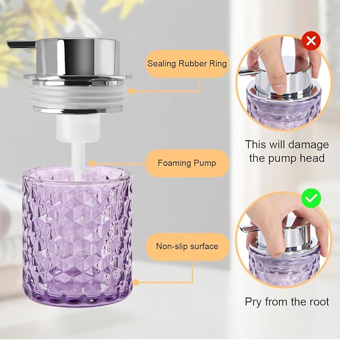 10 Oz Glass Hand Soap Dispenser with Pump, Refillable Bathroom Gold Foaming Soap Dispenser, Vintage Glass Diamond Lotion Container Bottle for Bathroom and Kitchen (1, Purple and Silver)
