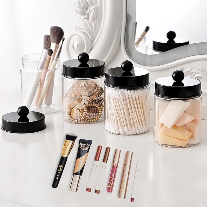 Amolliar Apothecary Jars Bathroom Vanity Storage Organizer Set -Countertop Canister Plastic Acrylic Jar - Farmhouse Decor Qtip Holder for Cotton Swabs,Makeup Sponges,Flossers,Paper Clips-Black (6)