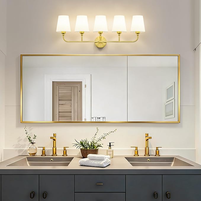 Bathroom Vanity Light, Brushed Gold Bathroom Light Fixtures, 5-Light Lighting Fixtures Over Mirror, Modern Wall Sconce with Flared White Fabric Shade, E26 Socket(ETL Listed)