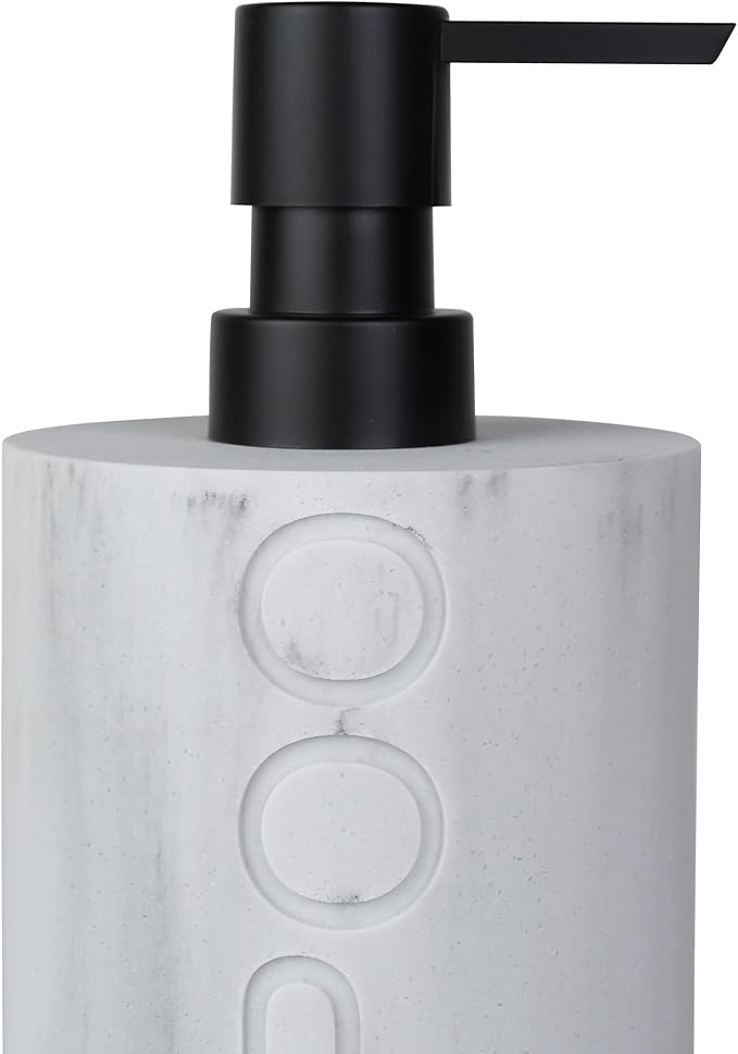 Resin White Marbled Shampoo Engraved Bottle Refillable Pump Dispenser, Durable Waterproof Construction for Bath, Shower - Resin White Marble - Matte Black Pump