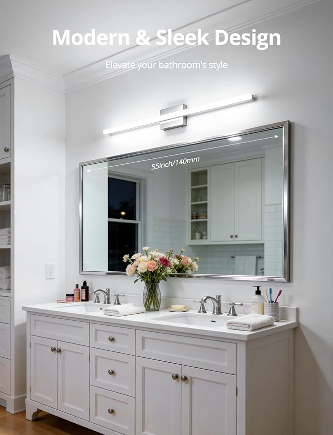 Combuh 48Inch Bathroom Vanity Light Fixtures Extra Long Lighting Bar Above Mirror, Modern Bright 23W 2300LM Wider Coverage Slim Sleek IP44 Rustproof LED Chrome Bath Wall Sconce for Makeup Cool White