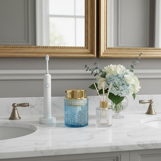 Foaming Soap Dispenser, 2pcs Blue Glass Foam Soap Dispenser with Gold Pump, Refillable 10oz Lotion Liquid Container Pump Bottle for Bathroom Kitchen Countertop