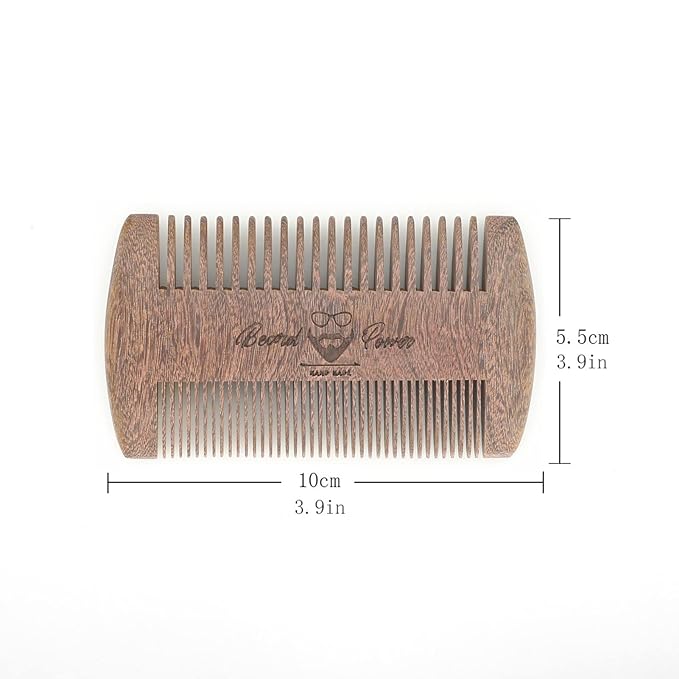 Sandalwood Beard Comb with Case - Fine & Coarse Teeth, Wooden Pocket Comb for Beards, Mustaches & Hair, Brown Skull Design