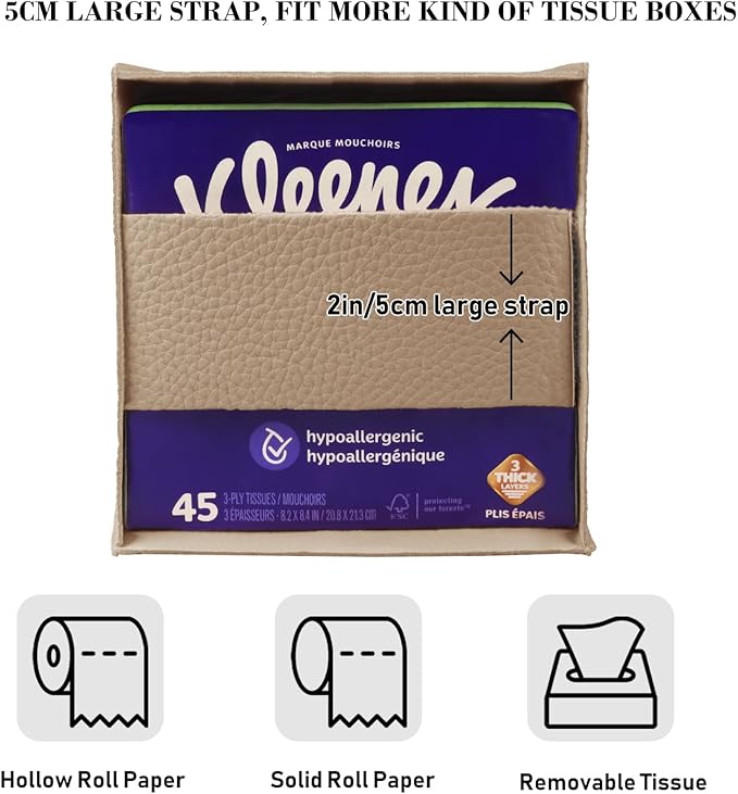 Tissue Box Cover Holder Square Tissue Cube Cover PU Leather Tissue Organizer with Bottom Belt for Bathroom, Tabletop, Car, Night Stands, Office, Home, Kitchen (2, SoftBeige)