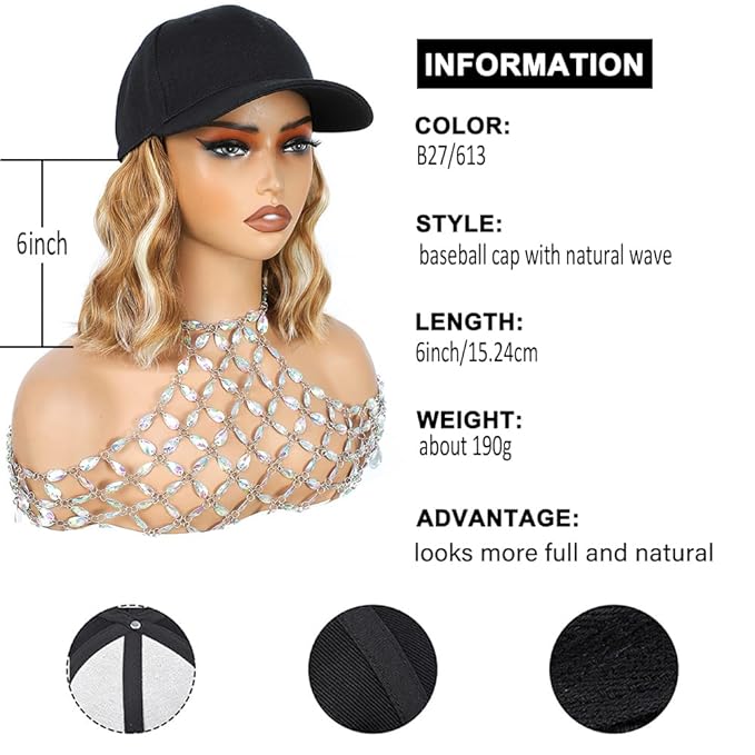 GUOJIAN Hat Wigs for Women 6' Short Wave Baseball Cap Wigs with Curly Hair Extensions Synthetic Wave Wig Adjustable Hat with Hair Attached for Daily Use (B27/613, 6inch)