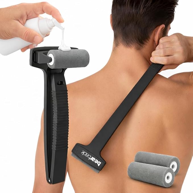bearback Lotion Applicator for Back & Body - Long Reach Folding Handle with Reusable Foam Rollers - Apply Lotion, Medication, Ointment, Sunscreen, Self Tanner - (Black) (Handle with 2 Rollers)