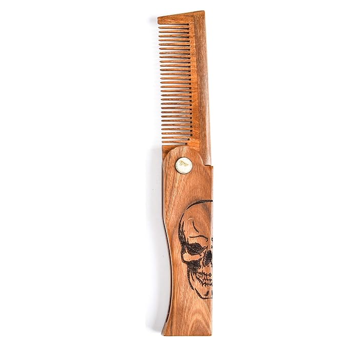 Men's Pocket Folding Wooden Beard Comb with Leather Travel Case,Green Sandalwood Hair Combs Set for Men (Skeleton)