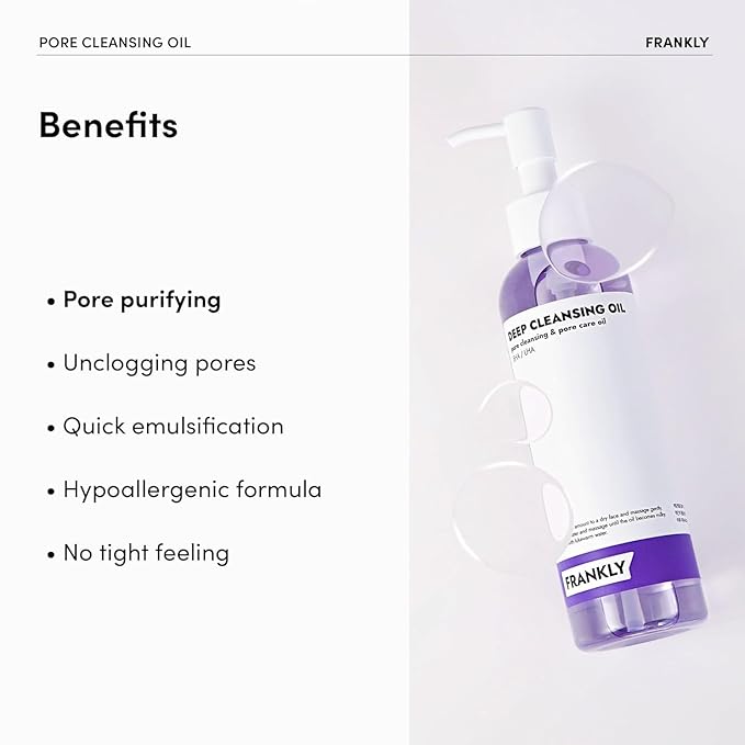FRANKLY Pore Cleansing Oil, Oil Cleanser for Face l Makeup Blackhead Remover with BHA & LHA, Amino Acids, Hyaluronic Acid l All Skin Types, Korean Skin Care 6.8 fl oz