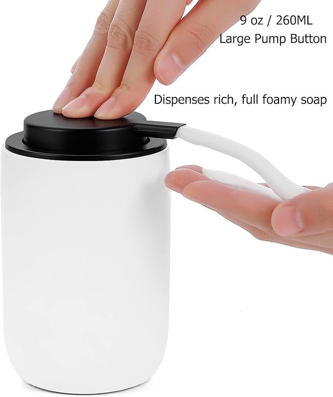 Foaming Soap Dispenser Thick Ceramic Foam Hand Soap Dispenser for Bathroom or Kitchen Sink, Liquid Pump Bottles for Hand soap, Body Wash, 2 Pack White