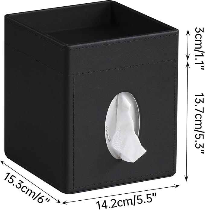 Tissue Box Cover, PU Leather Square Tissue Box Holder with Storage Tray for Bathroom Vanity Countertop Night Stands Bedroom Office Desk, Stylish Tissue Holder Decorative Organizer (Black)