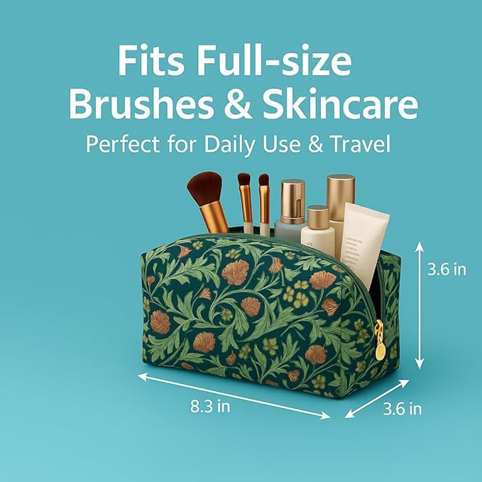 Floral Quilted Cotton Makeup Bag for Women, Large Capacity Travel Cosmetic Pouch with Zipper, Cute Toiletry & Brush Organizer, Kawaii Makeup Storage Case – Garden Green