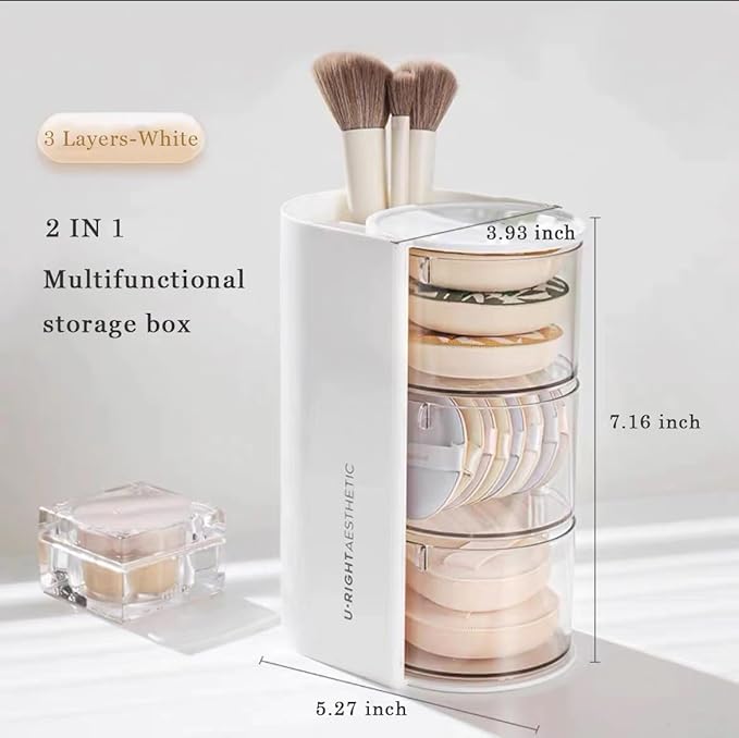 gugululu 3-Layer Clear Hair Accessories Organizer with Hair Brushes Holder, Rotatable Storage Box Desktop Organizer Case for Makeup Brushes, Cotton Swab, Beauty Sponge, Powder Puff (White)