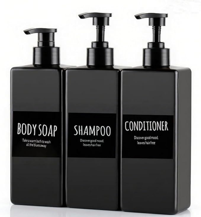Shampoo and Conditioner Dispenser Set, 3Pack Refillable Shampoo and Conditioner Bottles with Labels, 500ml Soap Dispenser 16.9oz Shower Dispenser Square Pump Bottle for Bathroom and Kitchen - Black