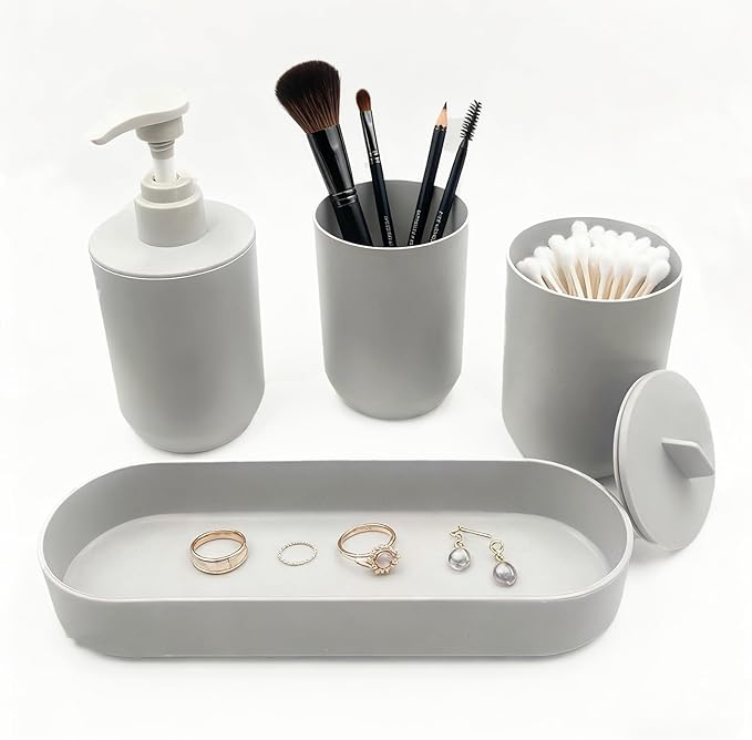 LGURT-4-piece Bathroom Accessories Set, with Toothbrush Holder, Lotion soap Dispenser, Qtip Holder Dispenser and Vanity Tray, Sleek Counter Storage for Bathroom Vanity (Gray)