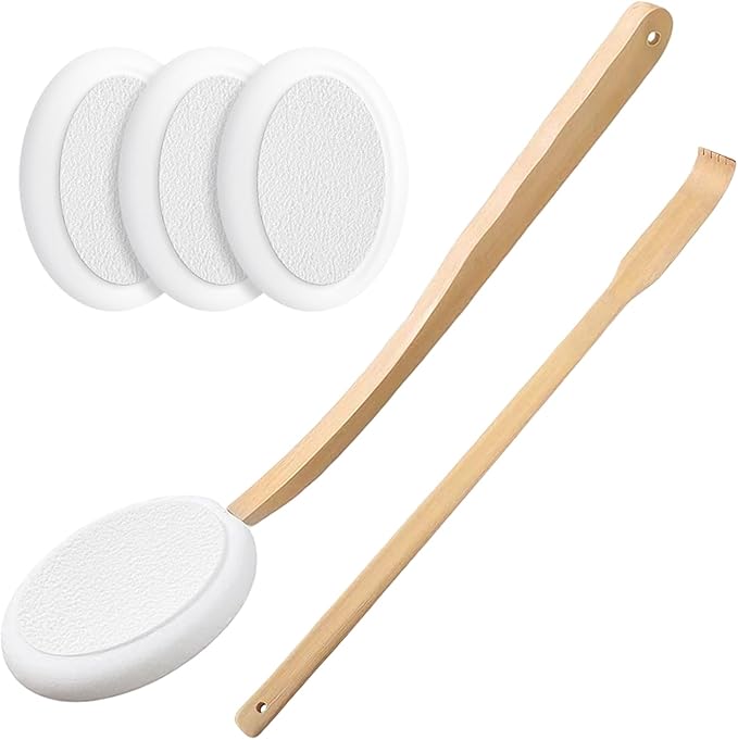 Lotion Applicator for Back, 4 Replacement Pads with 17" Curved Handle, Back Lotion Applicator for Kids, Elderly, Women, with Back Scratcher Skin Cream Medicine Moisturizer Tanner