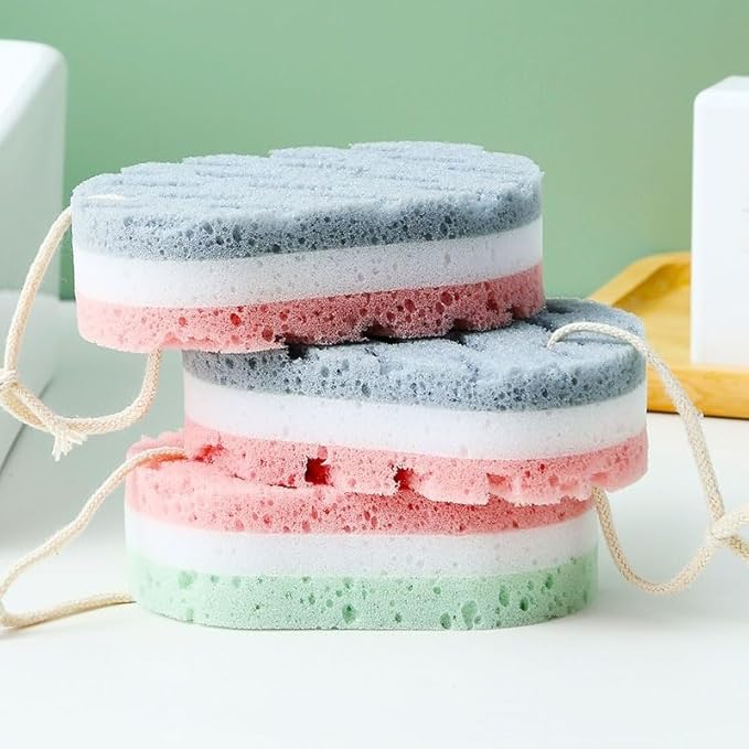 2-Piece Set of 3-Layer Bath Sponges: Soft PU Foam Body Exfoliating Sponges, Exfoliating Bath Sponges with Hanging Straps, and Colorful Luffa Sponges with Rich Lather