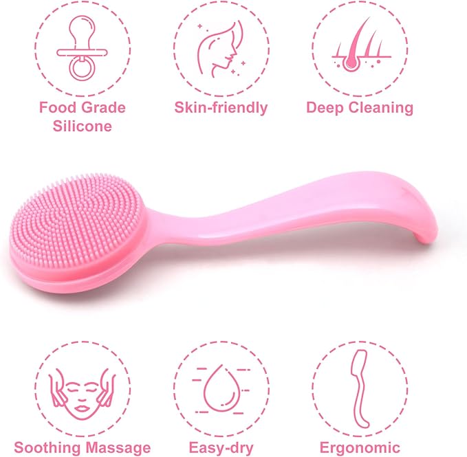 Silicone Manual Facial Cleansing Brush, Skin Friendly Waterproof Face Cleaning Scrubber Exfoliator Cleanser for Blackheads Whiteheads Makeup Residues Removal- Pink