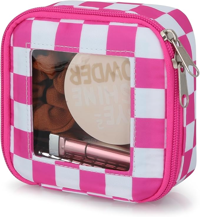 DOB SECHS Mini Checkered Bag for Purse 5.1'' x 5.1'' Small Makeup Bag for Car Cute Clear Cosmetic Bags with Zipper, Tiny Toiletry Bag Lipstick Organizer Pouch Travel Essentials Storage Pouch, Hot Pink
