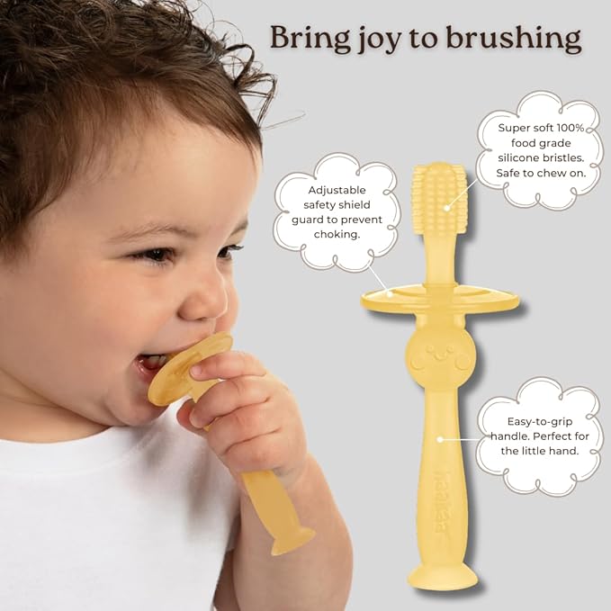 haakaa 360° Silicone Baby Toothbrush – 100% Soft Food Grade Silicone, BPA-Free, Suction Base, Safe for Babies 6 Months+, Gentle Gum and Teeth Cleaning for Infants, Gum Massager (Banana)