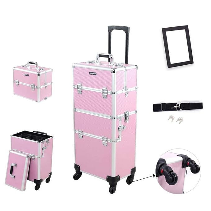 mefeir 2 in 1 Rolling Makeup Train Case, Makeup Travel Organizer Cosmetology Case, Aluminum Cosmetic Display Suitcase on Wheels, Beauty Storage Luggage Lockable w/4 Removable Wheels (Pink)