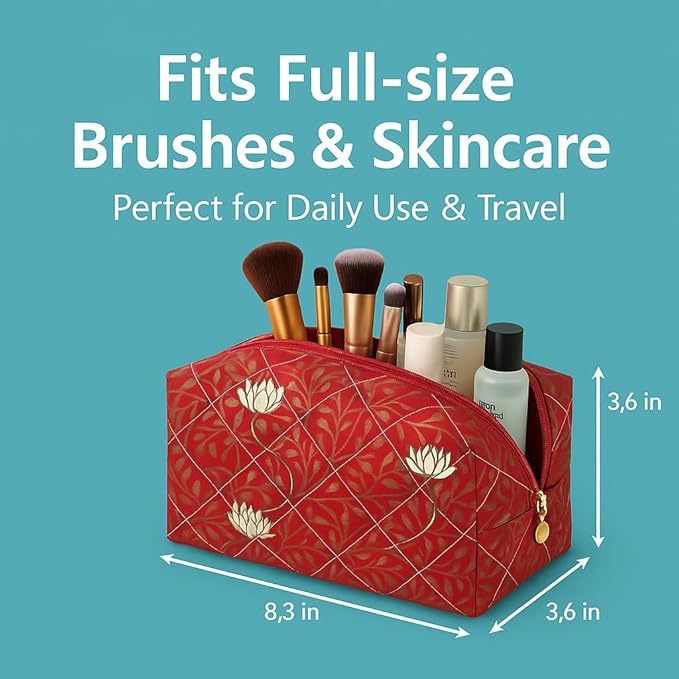Floral Quilted Cotton Makeup Bag for Women, Large Capacity Travel Cosmetic Pouch with Zipper, Cute Toiletry & Brush Organizer, Kawaii Makeup Storage Case – Garden Red