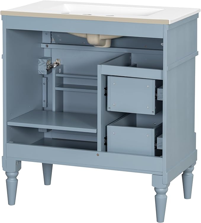 Harper & Bright Designs 30" Bathroom Vanity with Sink, Free Standing Bathroom Vanity Set with Flip Drawer, 2 Drawers, and Adjustable Shelf, Storage Cabinet with Ceramic Basin for Bathroom, Blue Grey