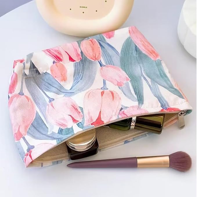 SxoSyo Cosmetic Bags for Women Makeup Bag Large Capacity Purse Travel Toiletry Zipper Storage Pouch Make up Brushes Organizer for Gifts (Pink, tulip)