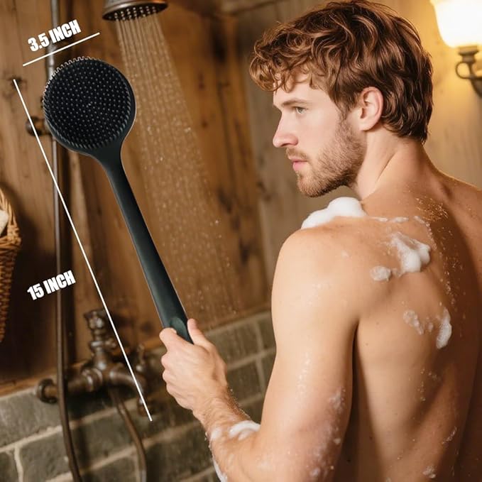 Silicone Back Scrubber for Shower Body Brush with Long Handle Double Sided Bath Exfoliating Massage Brushes Men Women (Black)
