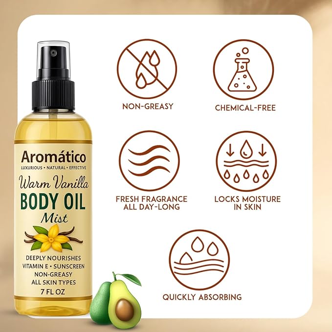 Warm Vanilla Body Oil Mist for Women – 7 fl oz | Lightweight, Non-Sticky, Spray-on formula for Daily use After Shower | Moisturized, Soft, Glowing Skin | Cozy, Creamy Vanilla Scent