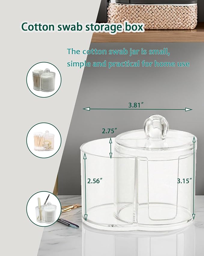 Makeup Pad Holder with Lid and Cotton Swab Storage, Clear Plastic 2-in-1 Dual Compartment Bathroom Vanity Organizer, Durable PS Canister for Cotton Rounds, Dental Flossers and Hair Ties