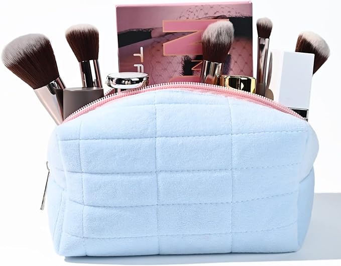 SOIDRAM Makeup Bag Plush Cosmetic Bag Cute Aesthetic Makeup Bag Blue Makeup Pouch Travel Toiletry Bag Organizer Soft Makeup Brushes Accessories Storage Bag for Women