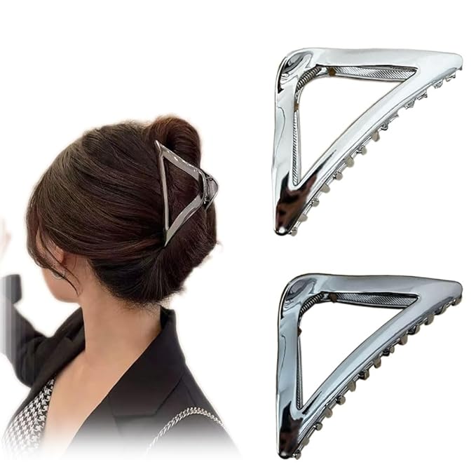 BeeGift 2Pcs Hair Clips, Triangular Hair Claw Clips, Metal Hair Clips, 4inch Exquisite Silver Geometry Designs Hair Jaw Clips for Hair Accessories for Women Girls Gift