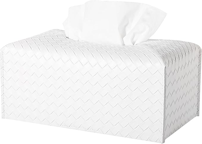 Tissue Box Cover PU Leather Tissue Holder Square Facial Tissue Case Facial Paper Organizer Dispenser for Bathroom, Vanity Countertop, Tabletop, Car, Rectangle, White