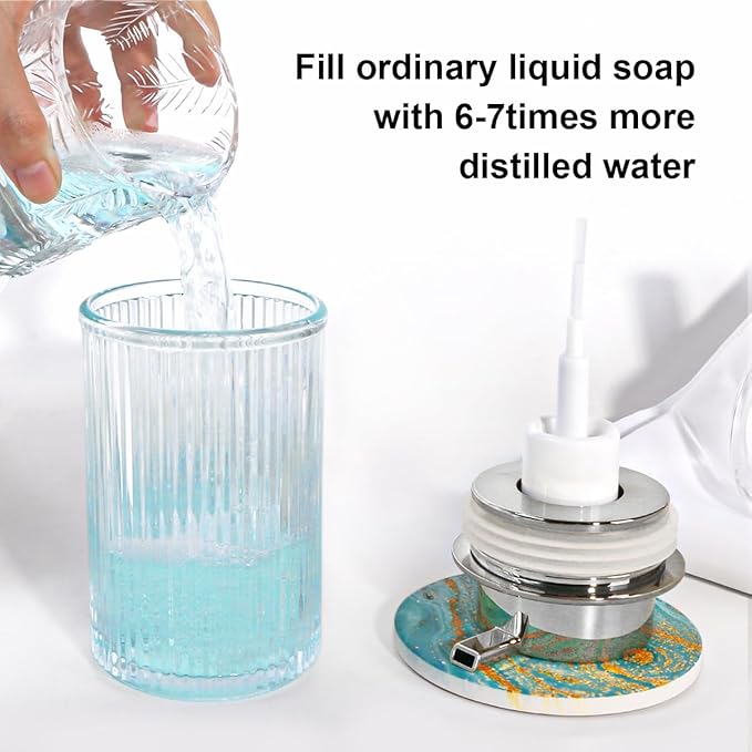 Foaming Soap Dispenser, 12 Oz Thick Glass Foam Hand Soap Dispenser, Refillable Glass Foam Pump Bottle Container Decorative Slim Ribbed Bottle for Bathroom and Kitchen (1, Clear Silver)